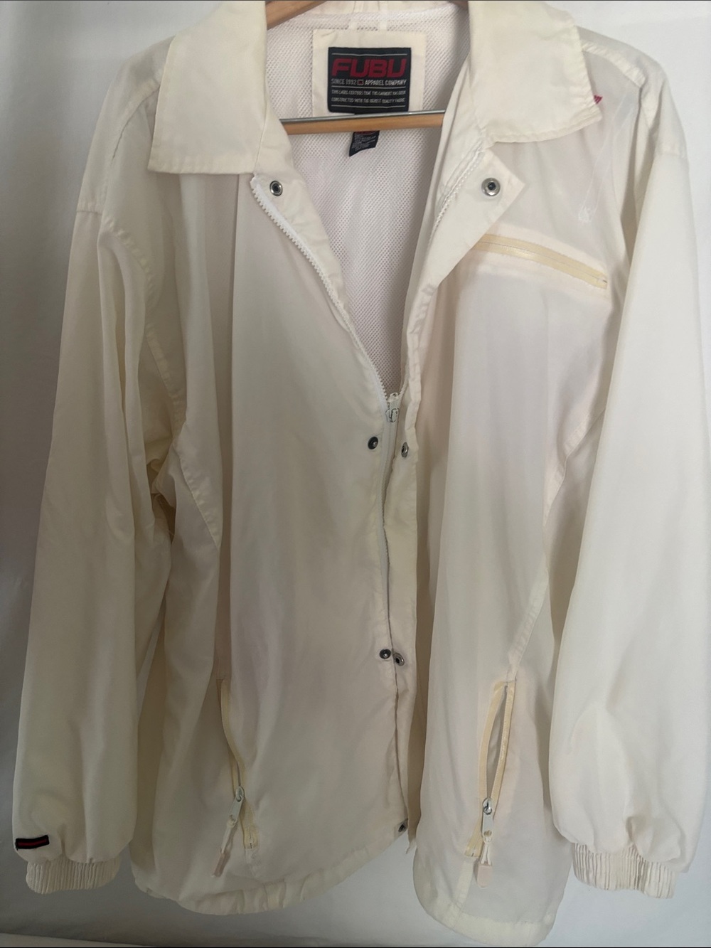 FUBU Women's Off-White Zip Front Bomber Jacket. All zippers work. Vintage 1990s.